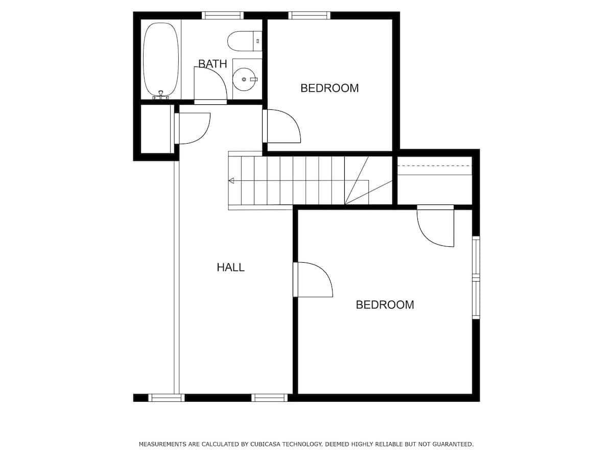Floor plan illustrating the upper level of the house, featuring two bedrooms (bedroom-3 and bedroom-4), a bathroom (bathroom-3), and a central hall with stairs. The layout shows a bathtub in the bathroom and standard room configurations.