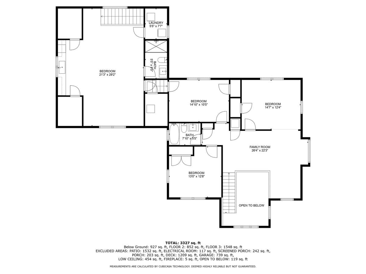 Detailed floor plan illustrating the layout of three levels, including multiple bedrooms, bathrooms, a laundry room, and a family room, with dimensions and total square footage listed at the bottom.
