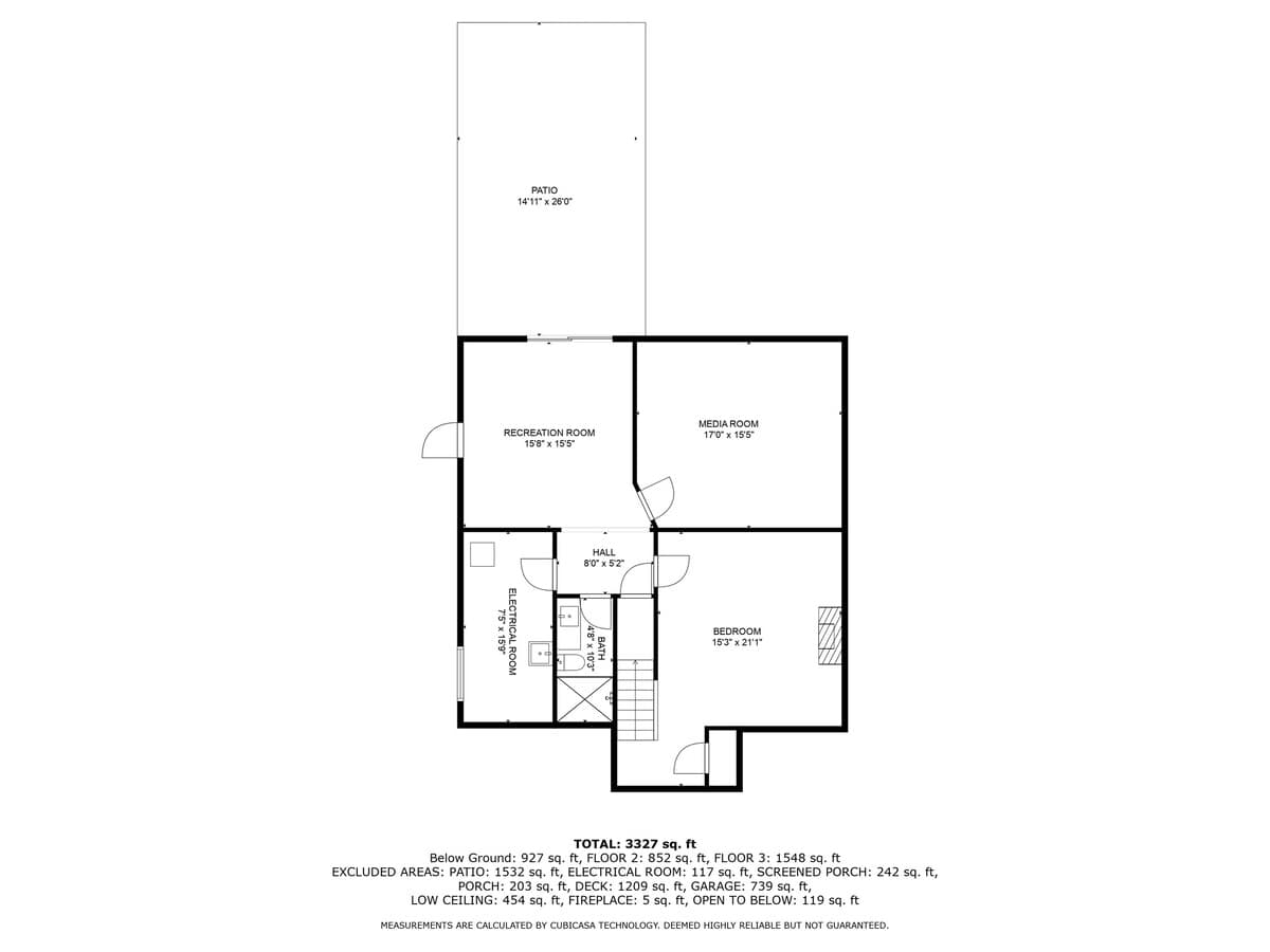 A detailed floor plan illustrating the 'Below Ground' level, featuring a recreation room, media room, and a bedroom, along with a patio and electrical room, with dimensions provided.