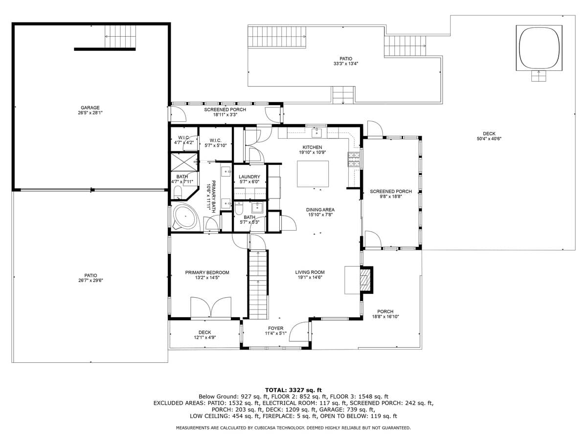 A detailed floor plan illustrating the main level, featuring a kitchen, dining area, living room, primary bedroom, garage, screened porches, and outdoor deck and patio areas, with dimensions.
