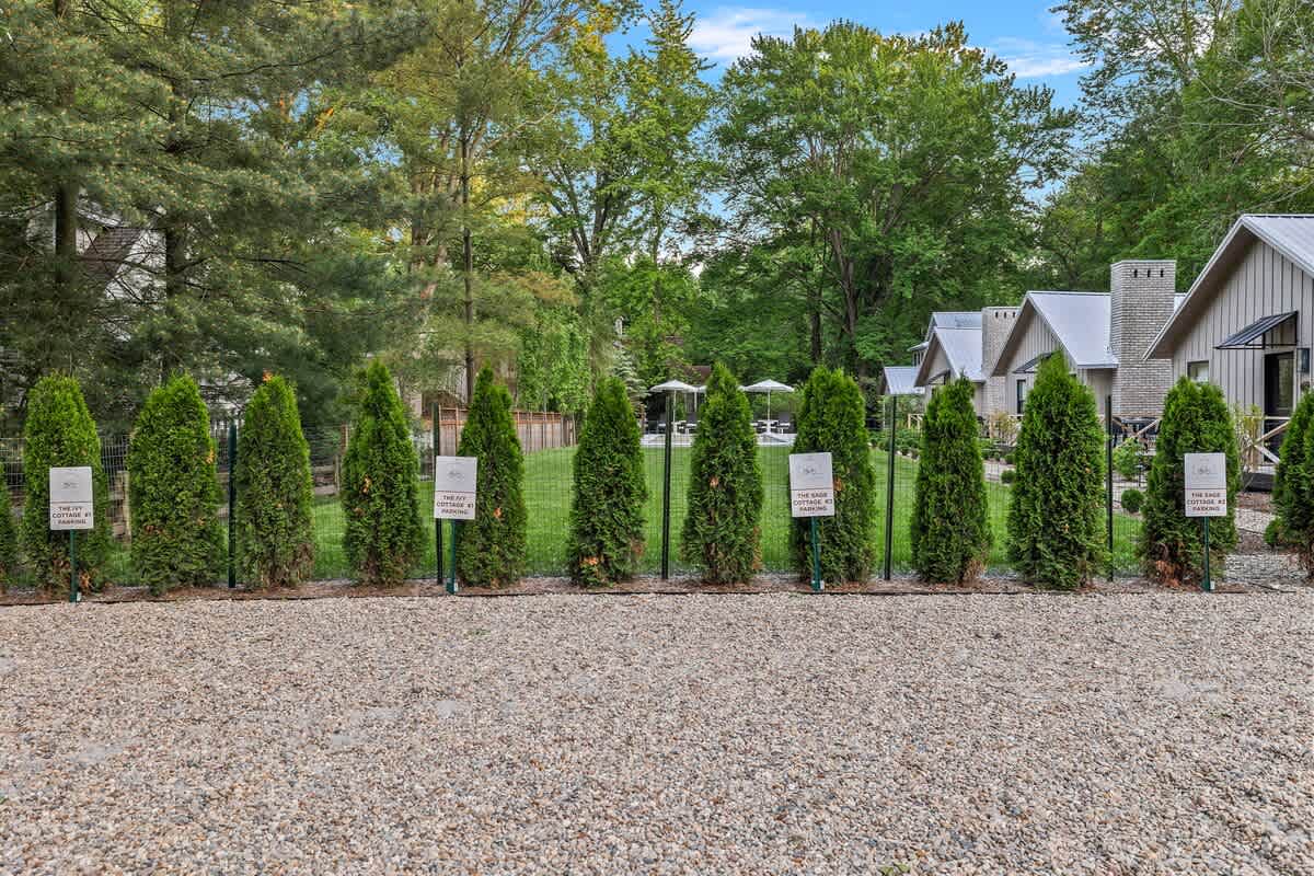A gravel parking area is lined with a row of tall, conical evergreen trees, each with a small white sign, separating it from a lush green lawn and a wooden fence in the background.