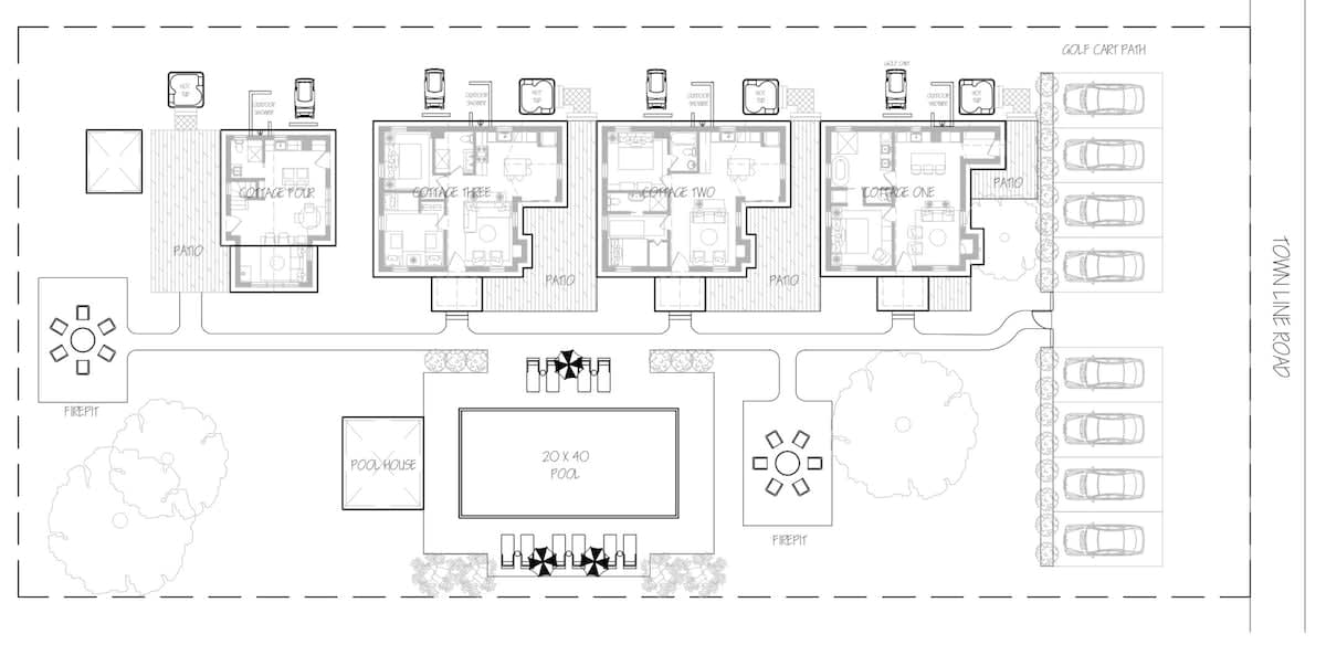 An overhead site plan illustrates four cottages with individual patios, a shared 20x40 pool, a pool house, two fire pits, and a golf cart path with parking spaces. The layout emphasizes communal outdoor amenities.