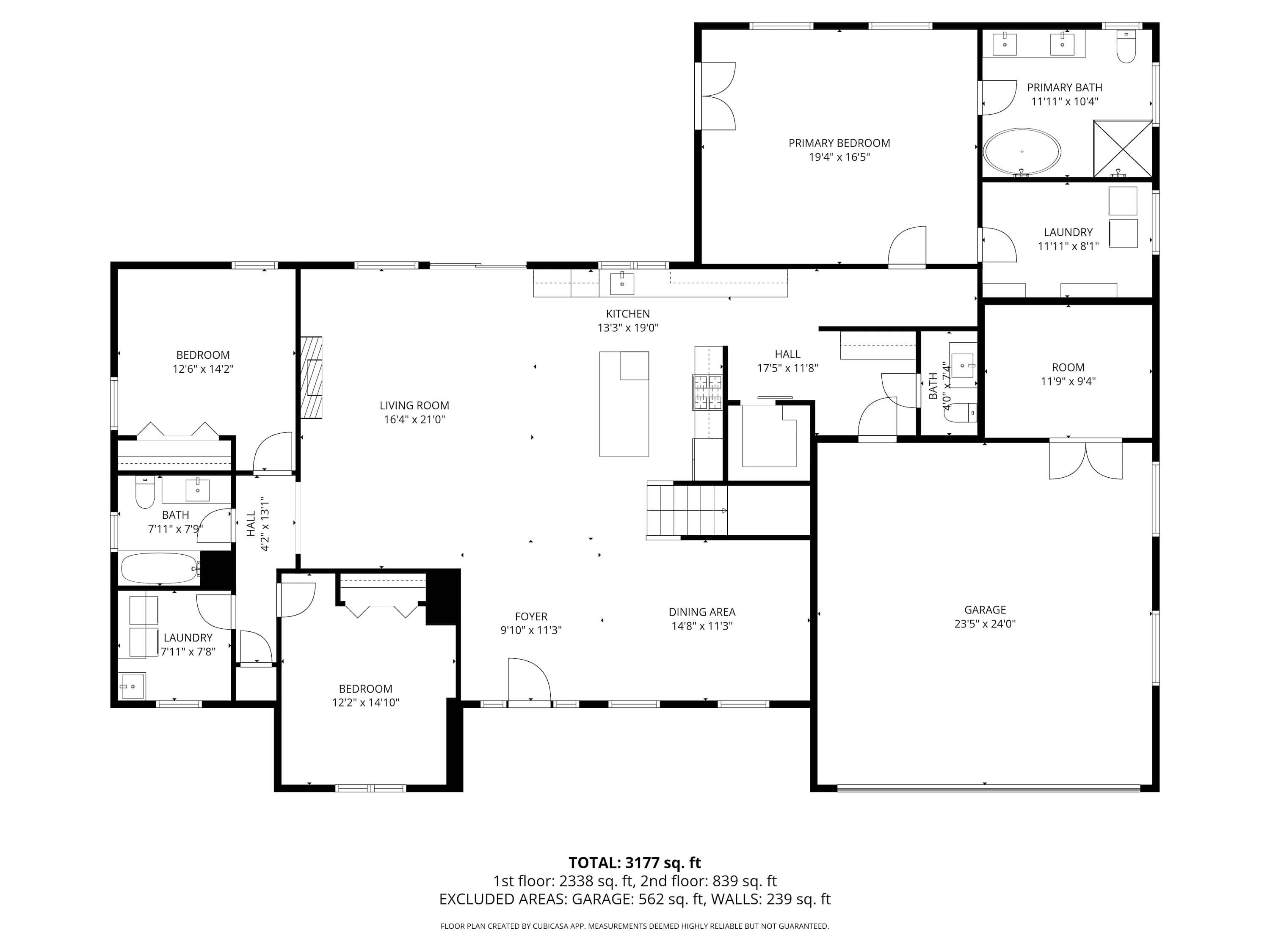 A detailed black and white floor plan of the first floor, showcasing the layout of multiple bedrooms, bathrooms, living areas, kitchen, dining, laundry, foyer, and a garage, with dimensions provided for each space.