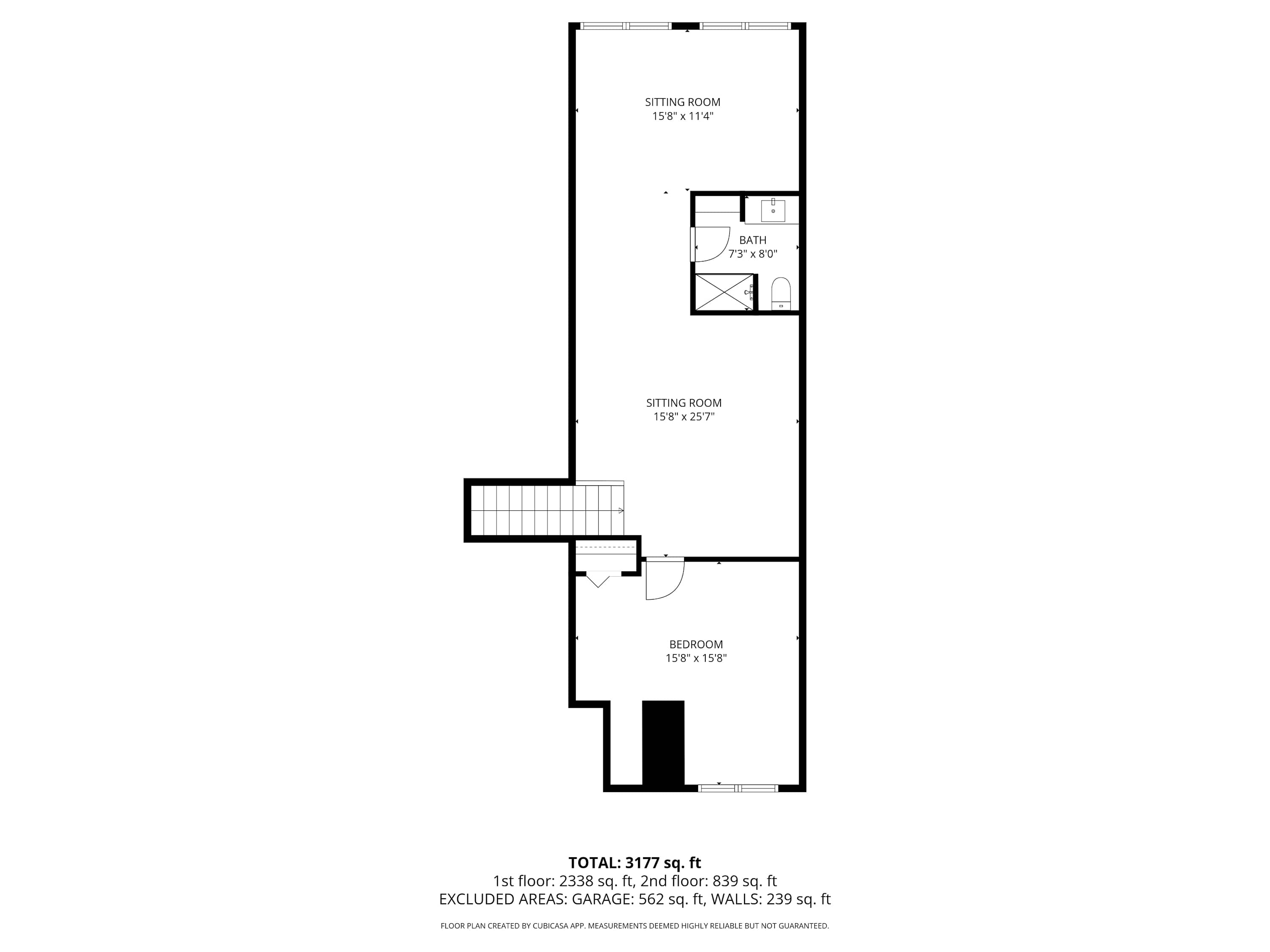 A detailed black and white floor plan of the second floor, illustrating the arrangement of two sitting rooms, a bathroom, and a bedroom, complete with individual room dimensions.