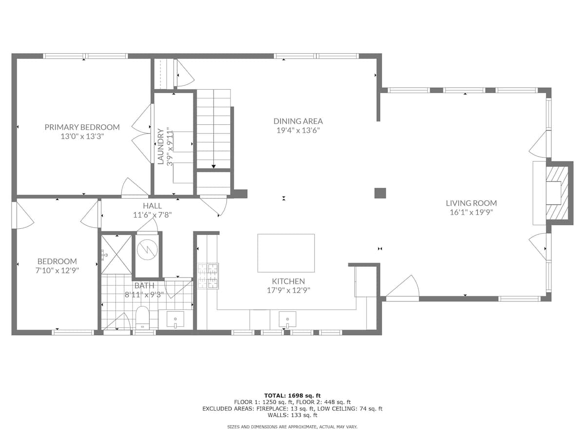A detailed floor plan illustrating the layout of the house, including a primary bedroom, a second bedroom, a bathroom, laundry area, hall, kitchen, dining area, and living room, with dimensions provided for each space.