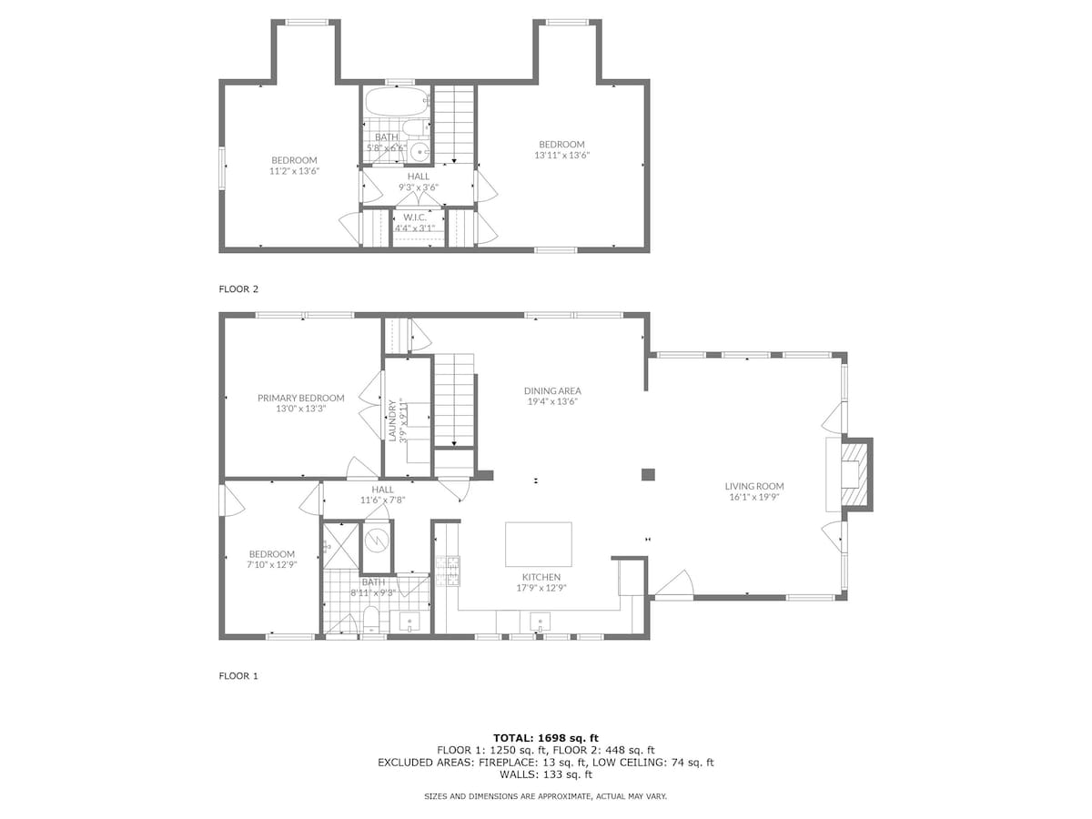 A comprehensive two-story floor plan, showcasing Floor 1 with a primary bedroom, additional bedroom, two bathrooms, kitchen, living room, dining area, hall, and laundry, and Floor 2 with two bedrooms, a bathroom, hall, and walk-in closet.