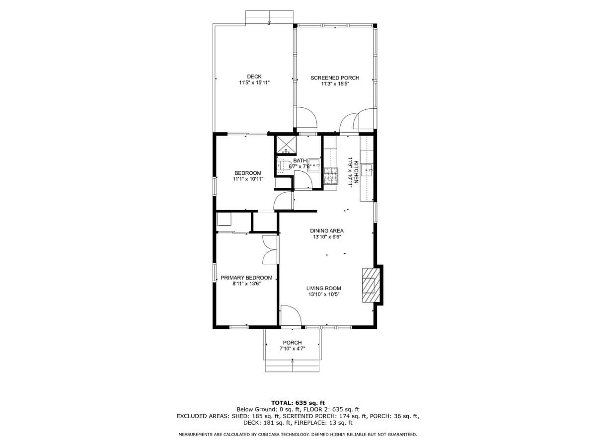 Detailed floor plan illustrating the layout of the house, including a living room, dining area, kitchen, two bedrooms, one bathroom, a screened porch, and a deck, with dimensions provided.