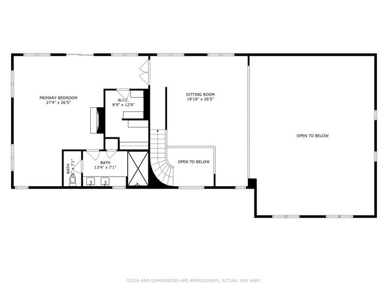 A black and white floor plan showcasing an upper level layout, including a primary bedroom with a walk-in closet, a sitting room, and a bathroom, with areas marked "open to below" and stairs. Dimensions are provided.