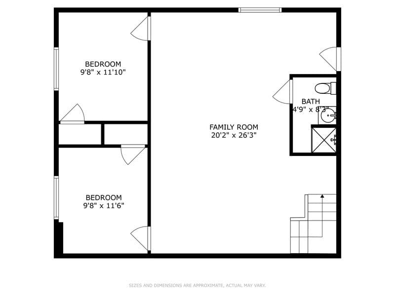 A black and white floor plan depicting a lower level layout, featuring two bedrooms, a family room, and a bathroom, with stairs indicating access to another level. Dimensions are provided for each area.