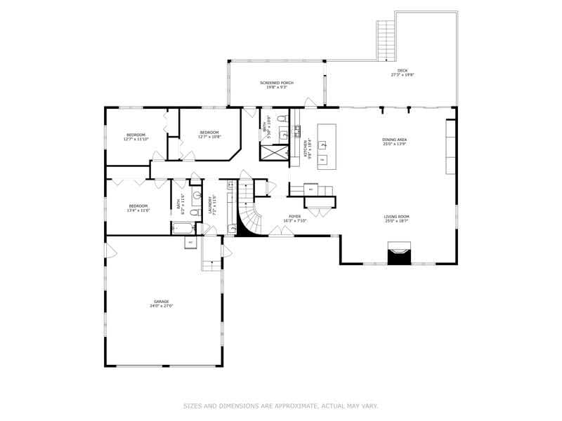 A black and white floor plan illustrating the main level layout, including a garage, multiple bedrooms, bathrooms, a laundry room, foyer, living room, dining area, screened porch, and deck, with dimensions provided for various spaces.
