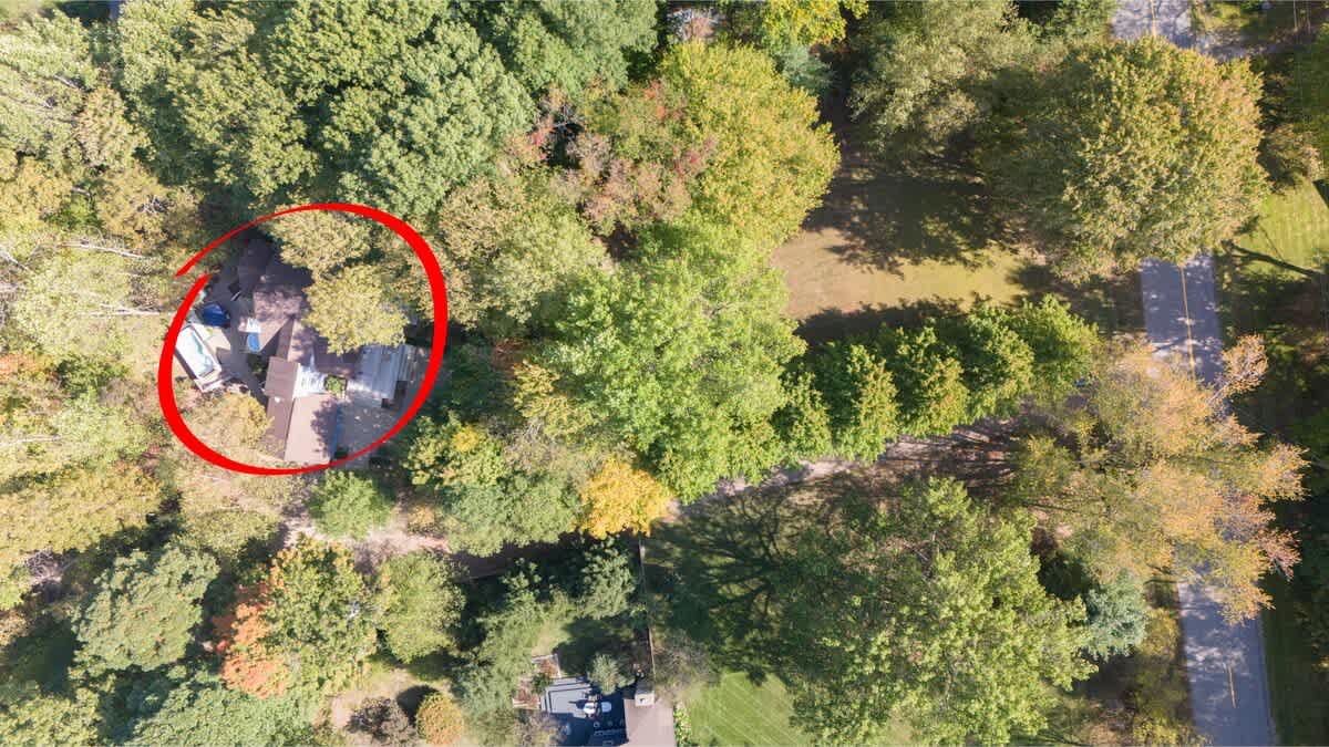 Aerial view of the property, highlighted by a red circle, situated amidst a vast expanse of green and autumnal trees. A road is visible in the upper right, indicating the property's secluded yet accessible location.