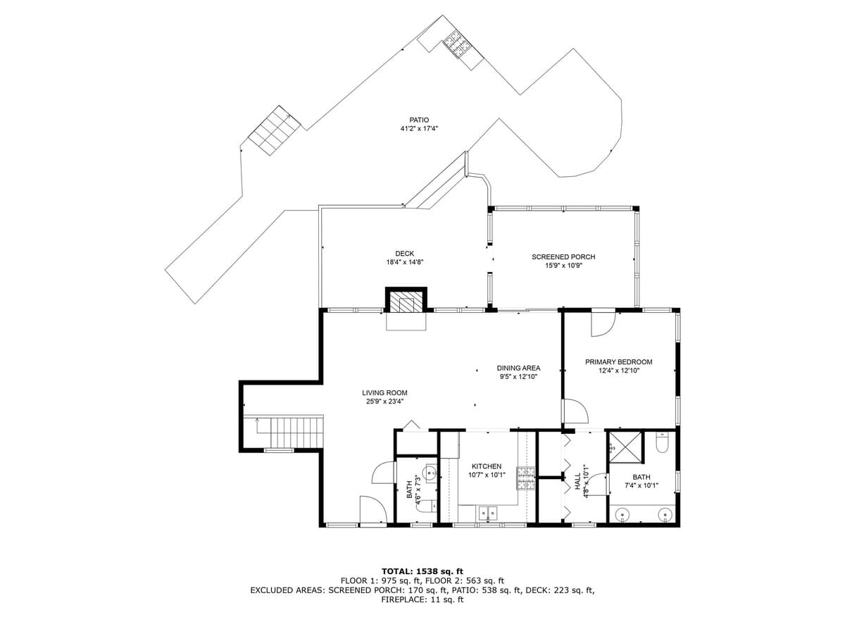 Detailed floor plan of Floor 1, showing the arrangement of the living room, kitchen, dining area, primary bedroom, and a bathroom. Outdoor spaces like a screened porch, deck, and patio are also depicted.