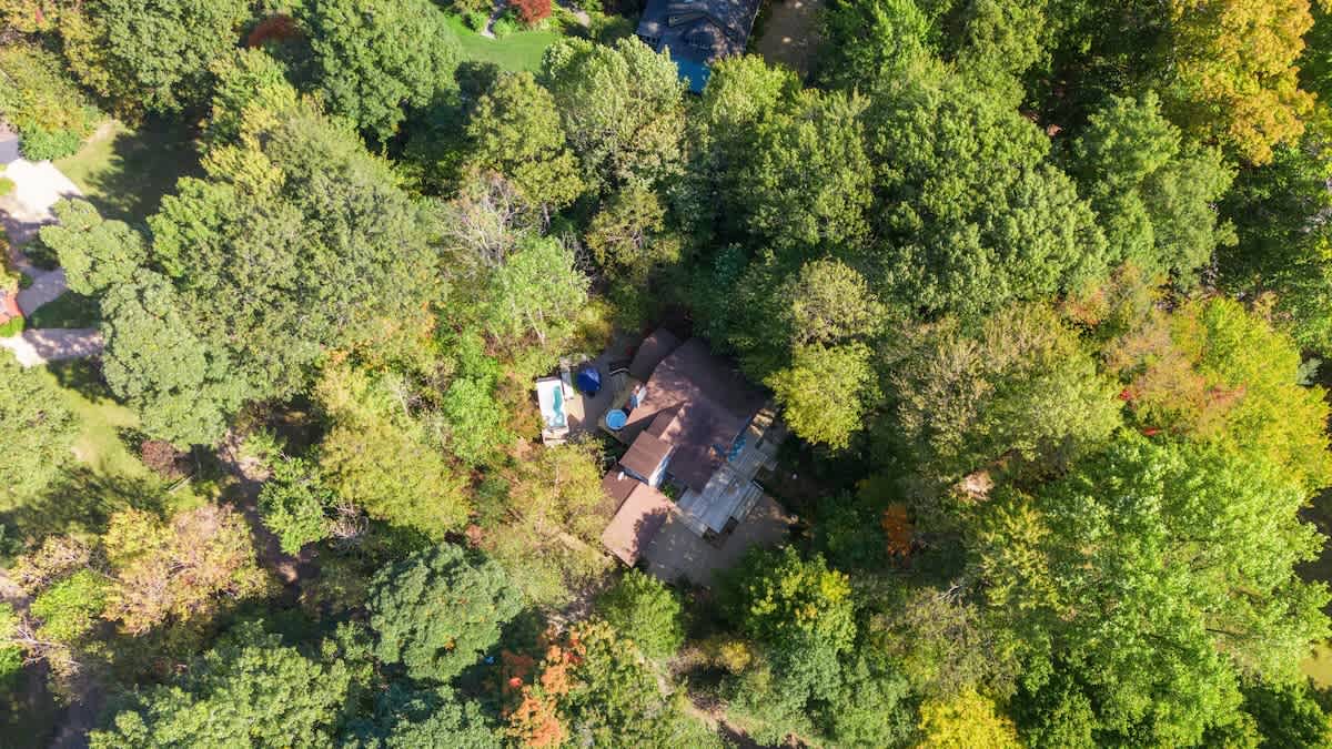 High aerial view showcasing the property nestled within a dense forest of vibrant green trees. The house, with its brown roof, is partially visible, surrounded by the natural landscape.