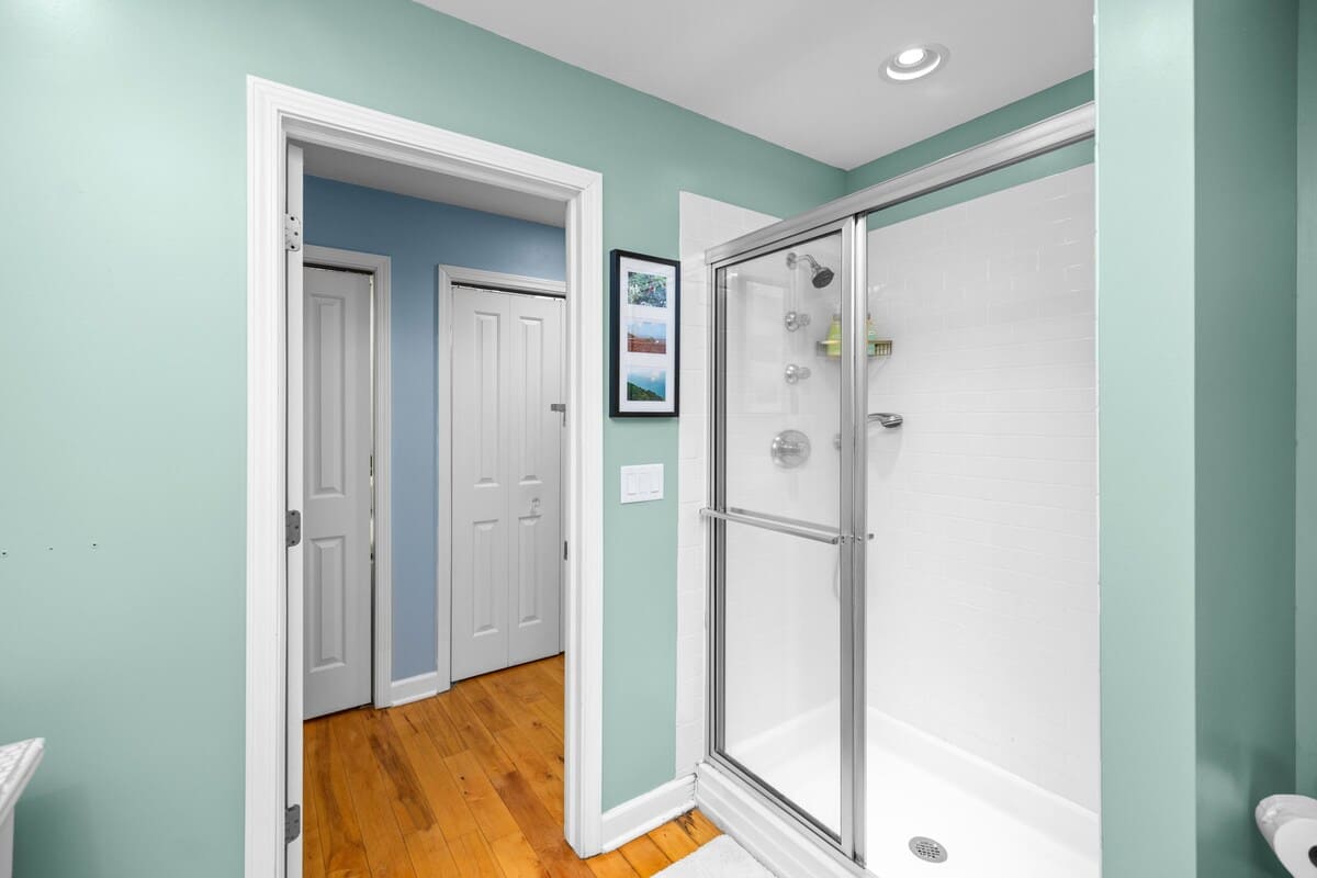 Contemporary bathroom with light blue-green walls and hardwood floors, featuring a glass-enclosed shower with white subway tiles. A framed picture hangs on the wall next to the shower, and a doorway leads to a hallway.