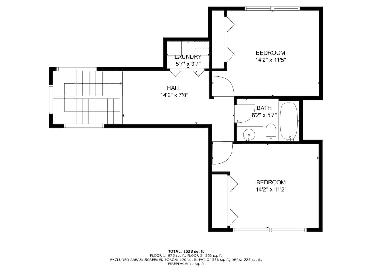 Detailed floor plan of Floor 2, outlining the layout of the hall, laundry room, a bathroom, and two additional bedrooms. Stairs leading up to this floor are also indicated.