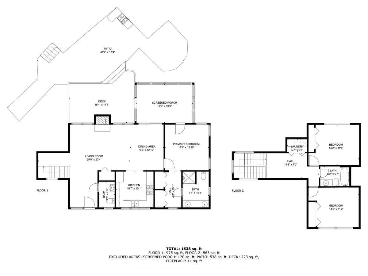 Detailed floor plan illustrating the layout of Floor 1 and Floor 2, including living spaces, bedrooms, bathrooms, kitchen, dining area, and outdoor amenities like a screened porch, deck, and patio.
