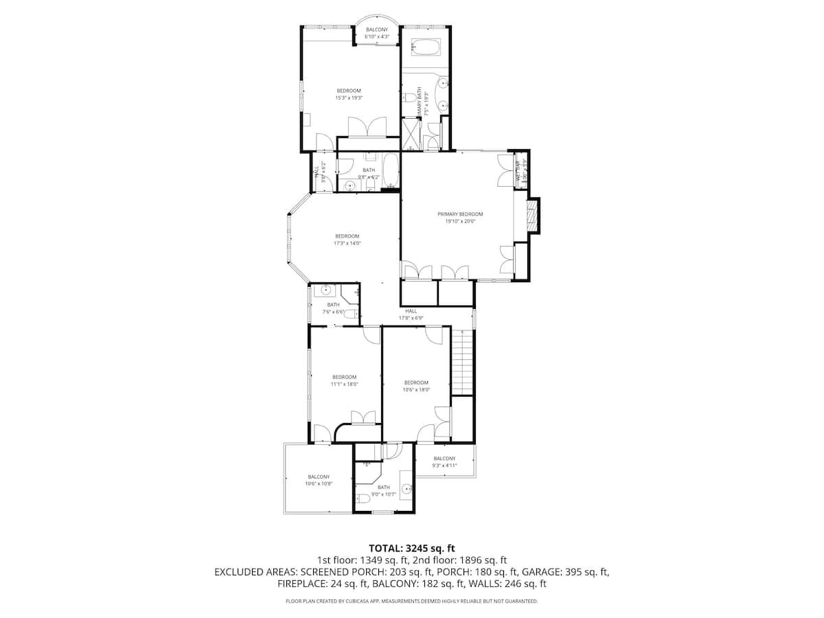 A detailed floor plan of the second floor, featuring multiple bedrooms, bathrooms, and balconies. The primary bedroom includes an en-suite bathroom, and a hallway connects the various rooms.
