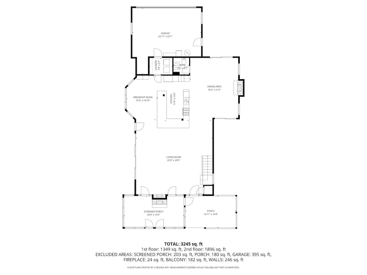 A detailed floor plan of the first floor, showing a garage, laundry, bathroom, breakfast room, kitchen, dining area, living room, screened porch, and porch with dimensions for each area.