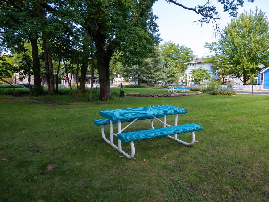 A bright blue and white picnic table sits on a lush green lawn, surrounded by mature trees and distant houses, offering a casual outdoor dining spot under a clear sky.