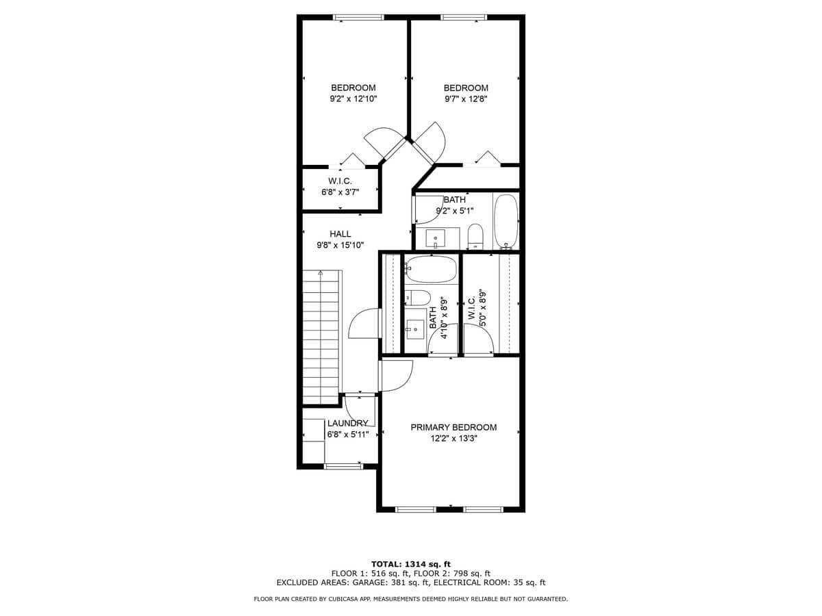 Detailed floor plan illustrating the layout of a two-story residence, labeling bedrooms, bathrooms, laundry, and walk-in closets, with total square footage and floor dimensions indicated.