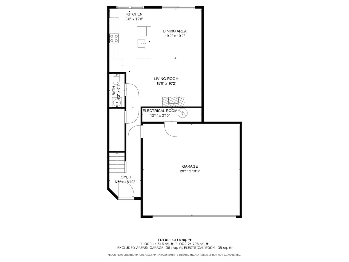 A detailed floor plan illustrating the layout of the first floor, including a kitchen, dining area, living room, bath, foyer, electrical room, and an attached garage, with dimensions provided for each space.