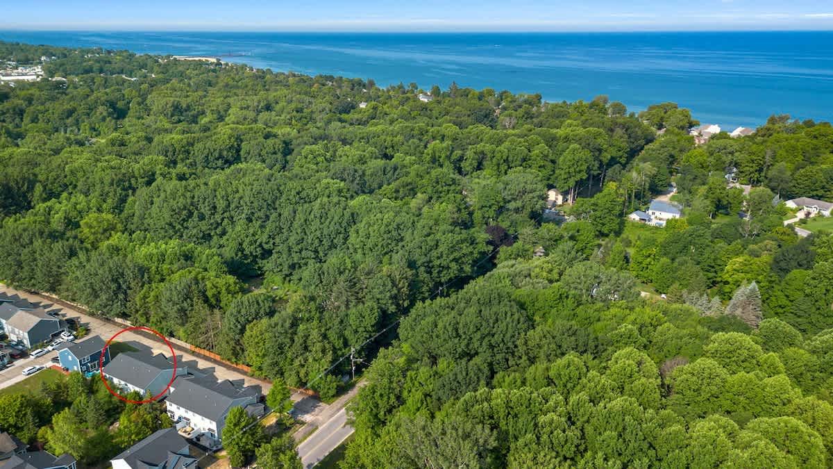 Expansive aerial view revealing a vast blue body of water in the distance, with a dense green forest separating it from a residential area where a specific property is circled in red.