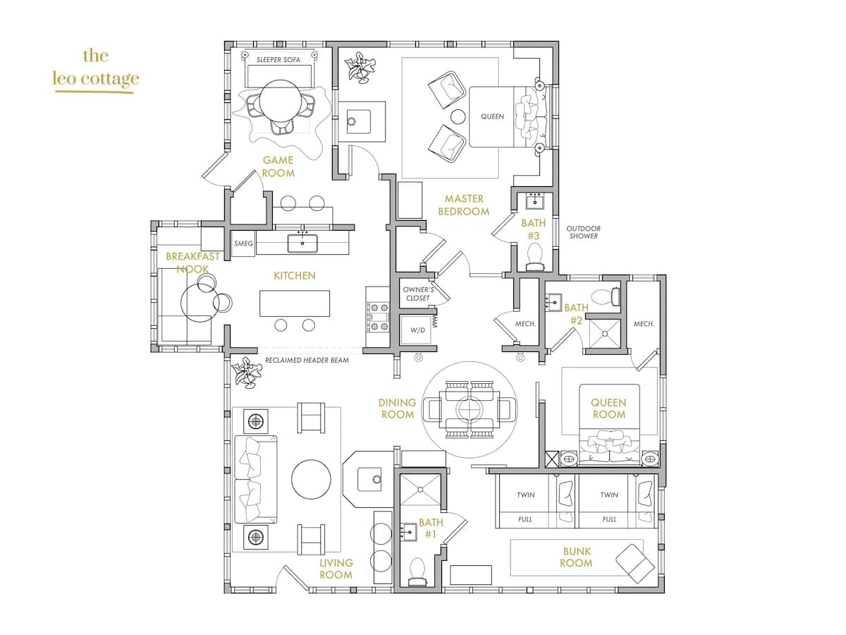 Detailed floor plan of "the leo cottage" showing a multi-room layout including a master bedroom, queen room, bunk room, living room, dining room, kitchen, game room, and three bathrooms, with labels for furniture and amenities.