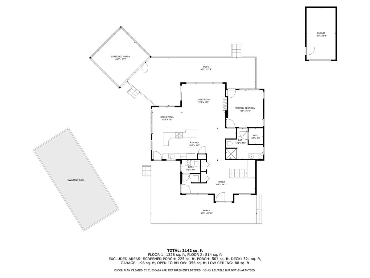 A detailed floor plan of the first floor of the house, outlining rooms such as the kitchen, living room, primary bedroom, dining area, and a screened porch, along with a separate garage layout and an outdoor swimming pool outline. Dimensions and total square footage are provided.