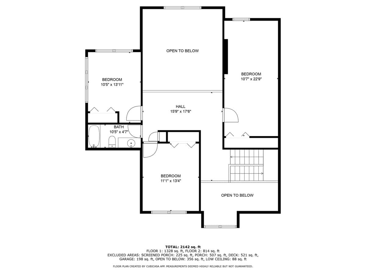 A detailed floor plan of the second floor, showcasing three bedrooms, a bathroom, and a central hall, with areas marked 'open to below' indicating multi-story spaces. Room dimensions and total square footage are clearly labeled.