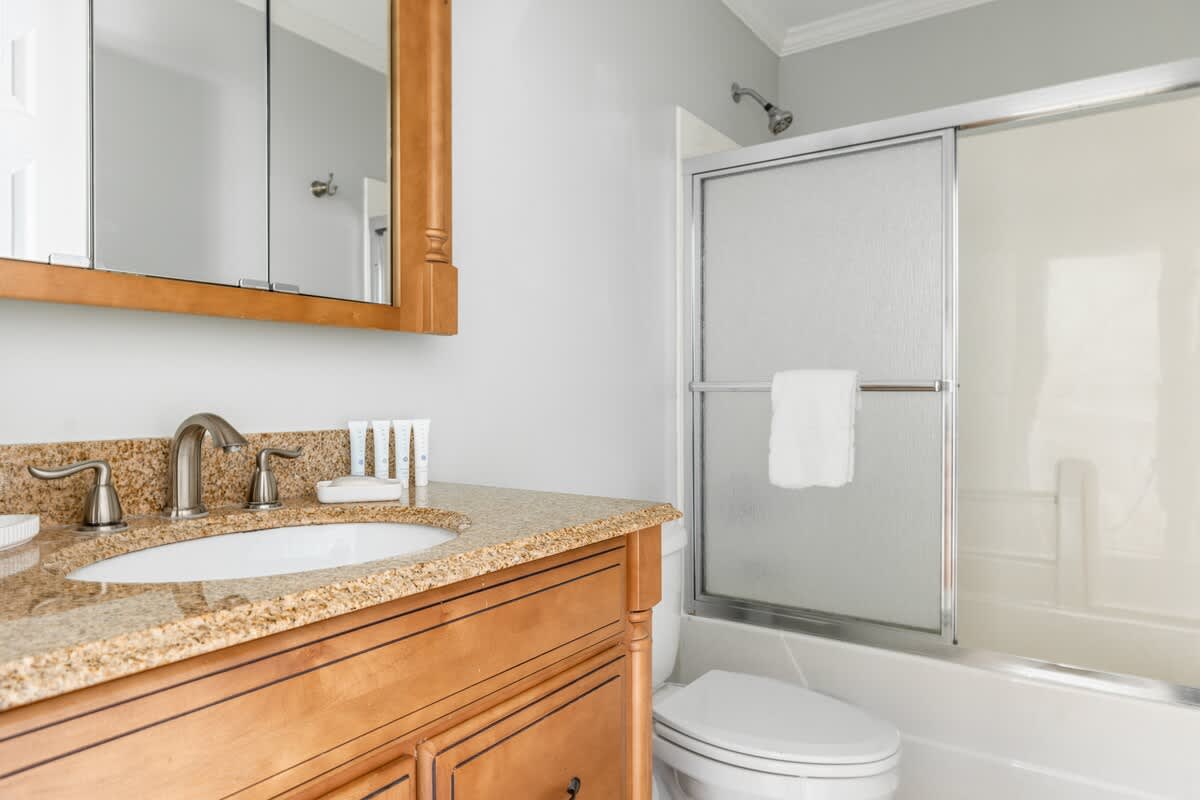 Bathroom with a light wood vanity, granite countertop, and an oval sink. A mirrored medicine cabinet hangs above, and a shower with a sliding glass door is visible next to the toilet.