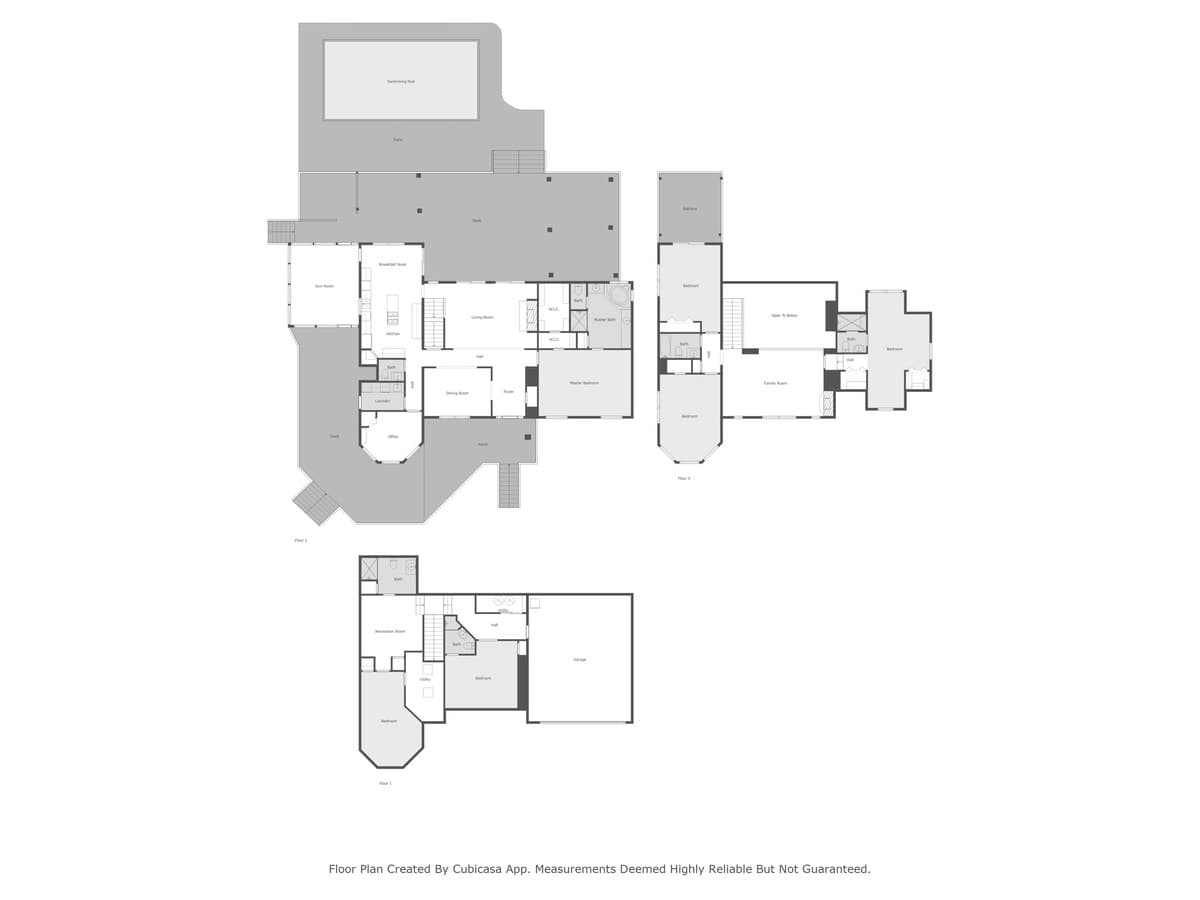 A comprehensive, multi-level floor plan illustrating the entire property layout, including a large swimming pool, extensive outdoor decking, and the internal arrangement of numerous rooms across three distinct floors.
