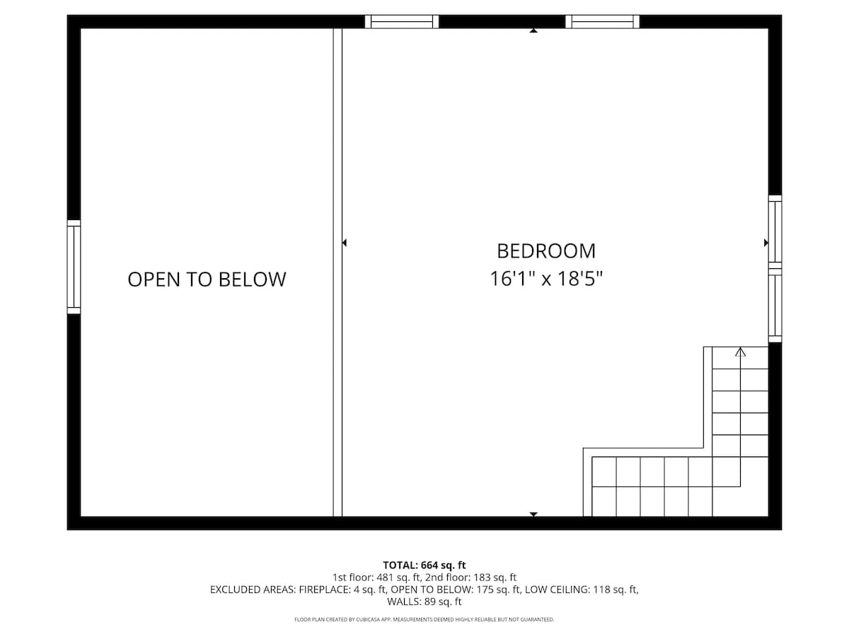 A black and white floor plan of the second floor, featuring a large bedroom and an "open to below" area, with stairs leading up and total square footage listed.