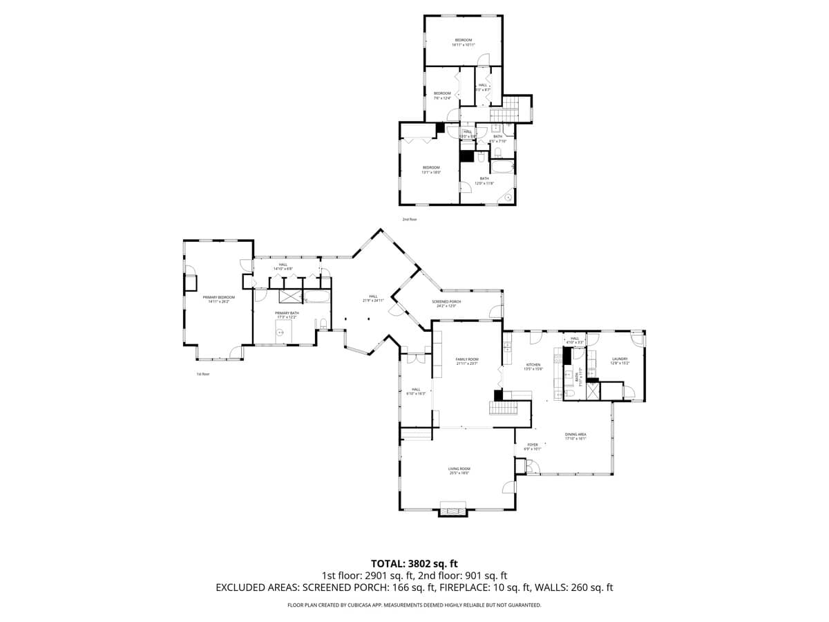 A combined black and white floor plan displaying the layouts of both the first and second floors of a house, detailing room arrangements, dimensions, and total square footage.