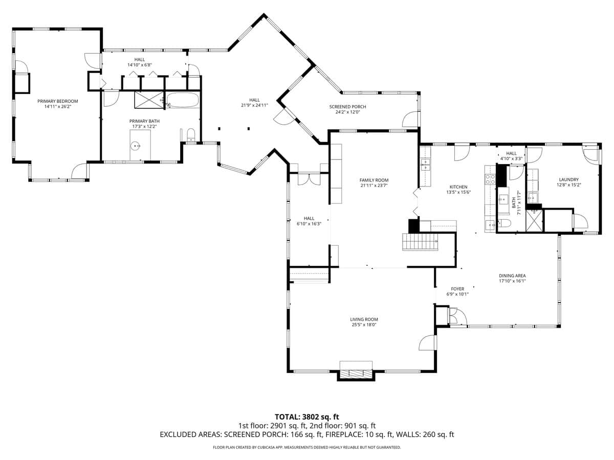 A detailed black and white floor plan illustrating the layout of the first floor of a house, showing rooms like primary bedroom, primary bath, hall, screened porch, family room, kitchen, laundry, dining area, and living room, with dimensions.