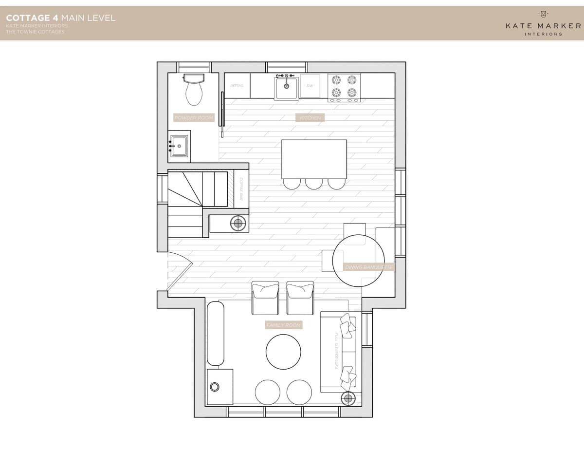 Comprehensive floor plan of Cottage 4's main level, detailing an open-concept kitchen, a dining banquette, a spacious family room, and a dedicated laundry room, with stairs leading to the upper floor.