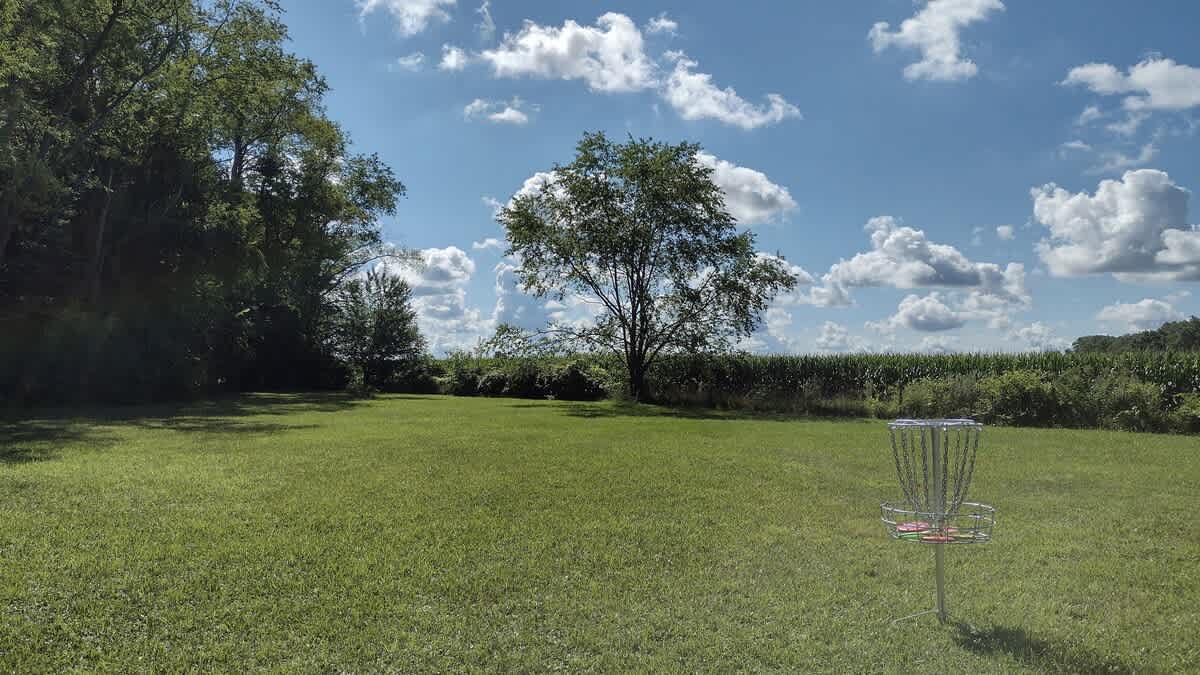 An expansive, well-maintained green lawn features a silver disc golf basket in the foreground, stretching towards a distant line of trees and a cornfield under a bright blue sky dotted with fluffy white clouds. The open space is ideal for outdoor activities.