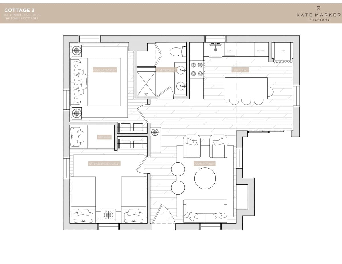 Detailed floor plan for "Cottage 3" showing a king bedroom, a second bedroom sleeping four, a bathroom, a kitchen with an island, and a family room, indicating a well-organized living space.