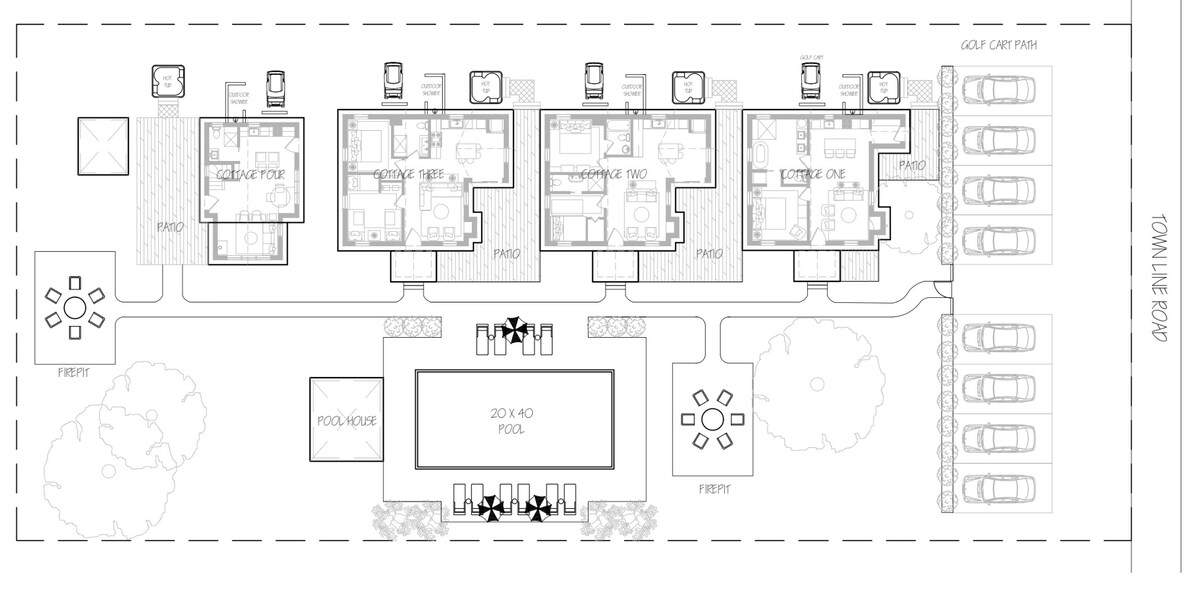 A detailed site plan illustrates the layout of four cottages, a central 20x40 foot pool with a pool house, and two fire pit areas, all connected by paths and surrounded by parking and a golf cart path.