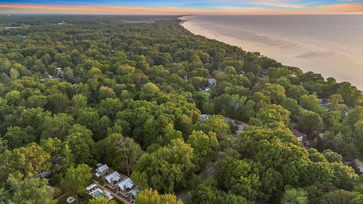 An aerial view showcases a dense green forest stretching along a calm coastline under a vibrant sunset sky, with scattered houses visible among the trees.