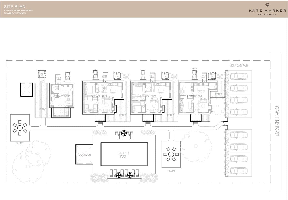A site plan shows four cottages ("Cottage One" through "Cottage Four") arranged around a central 20x40 foot pool and pool house, with fire pits and golf cart parking. The layout indicates a community setting with shared amenities and access to "Townline Road".