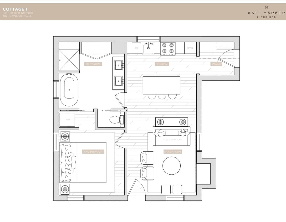 A detailed floor plan for "Cottage 1" shows a layout with a king bedroom, a bathroom with a tub, a kitchen with an island, and a family room with a full sleeper sofa. The plan includes appliances like a dishwasher, range, and refrigerator, along with a washer/dryer unit.