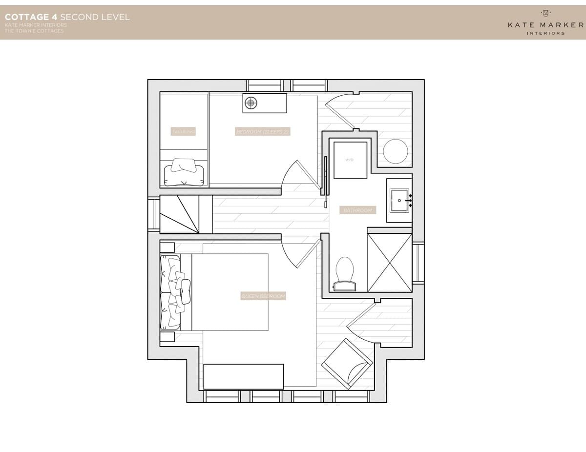 The second level floor plan for "Cottage 4" illustrates a queen bedroom, a second bedroom designed to sleep two, and a shared bathroom with a shower. The layout also includes a small closet and indicates the top of the stairs.