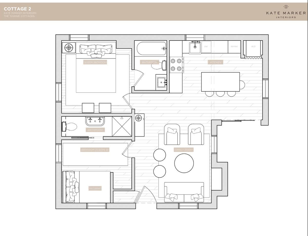 A floor plan for "Cottage 2" illustrates a layout featuring a queen bedroom, a second bedroom with a full sleeper sofa, and two bathrooms. The design also includes an open-concept kitchen with an island and a family room.