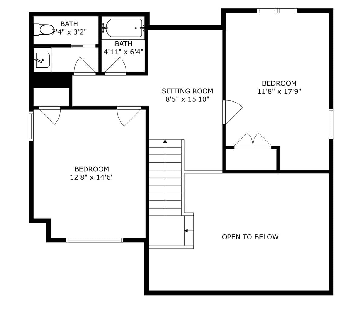 Detailed black and white floor plan of the upper level, showing two additional bedrooms, a sitting room, two bathrooms, and an 'open to below' area, with stairs indicating access.