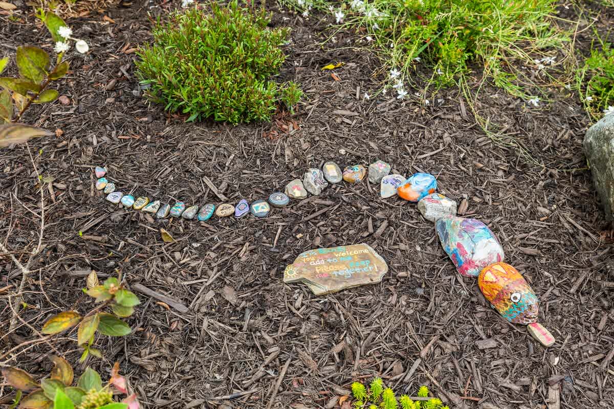 A whimsical garden detail featuring a line of painted rocks arranged in a serpentine pattern on dark mulch, with a small stone sign that reads "Welcome, add to our rock snake, please keep together!"