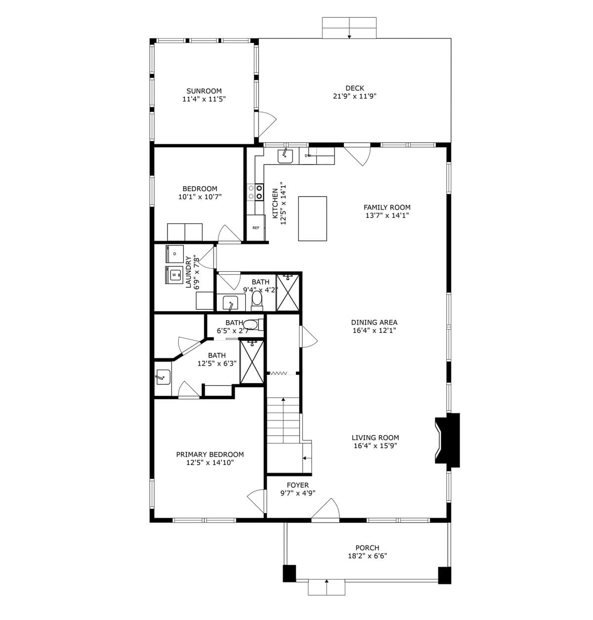 Detailed black and white floor plan of the main level, illustrating the layout of the primary bedroom, a second bedroom, multiple bathrooms, laundry, kitchen, living, dining, family rooms, sunroom, porch, and deck.