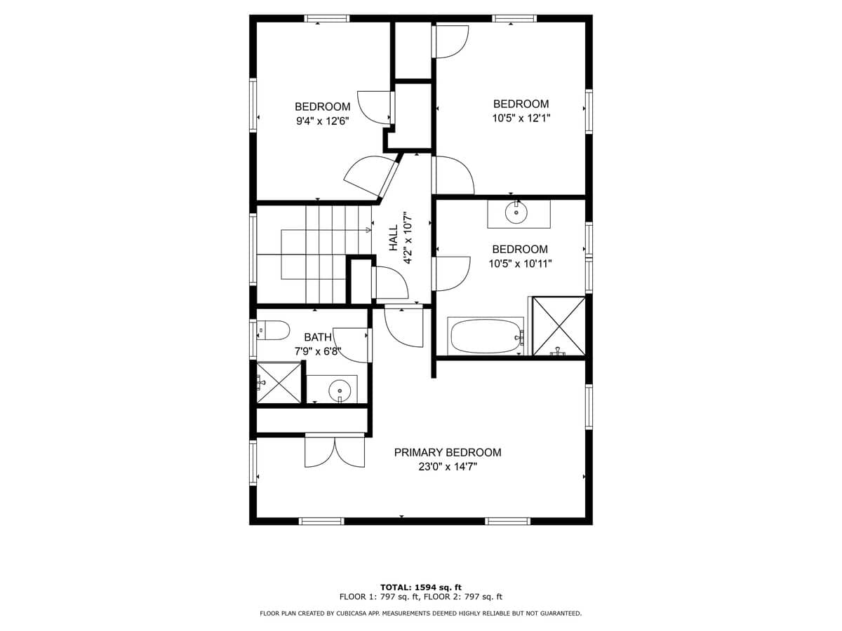 A detailed floor plan illustrates the layout of the second floor, featuring a primary bedroom, three additional bedrooms, and one bathroom. Dimensions for each space are clearly labeled.