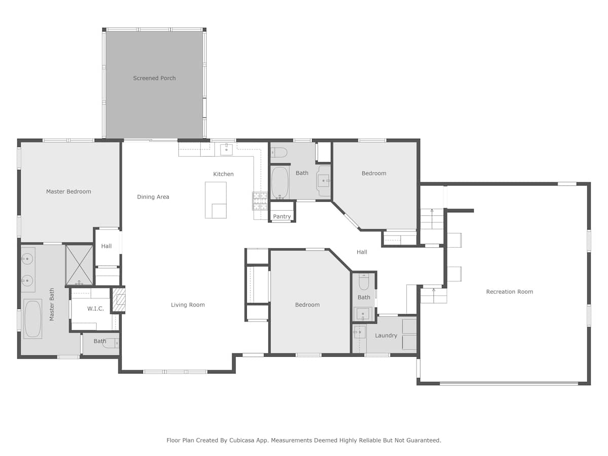 A detailed floor plan of the main level shows the layout including a master bedroom with walk-in closet and bath, a kitchen, dining area, living room, two additional bedrooms, two more bathrooms, a laundry room, and a recreation room.