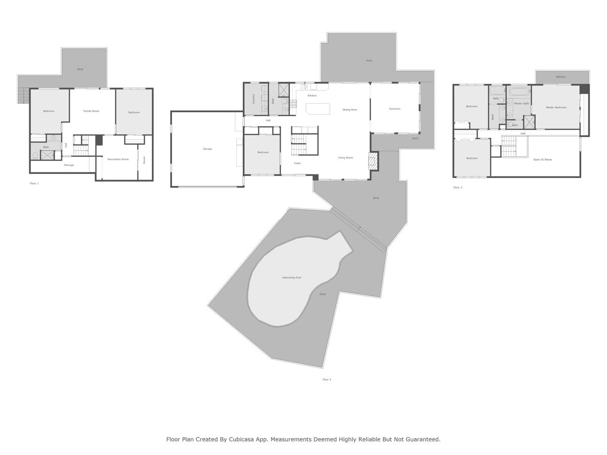 A comprehensive overview displaying the combined floor plans for all three levels of the house, including bedrooms, living areas, kitchen, garage, and outdoor spaces like the deck and swimming pool.