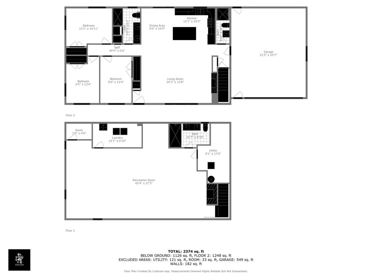 A combined black and white floor plan diagram displaying both the main and basement levels of the house, outlining the layout of rooms including bedrooms, living areas, kitchen, and recreation space with all dimensions.